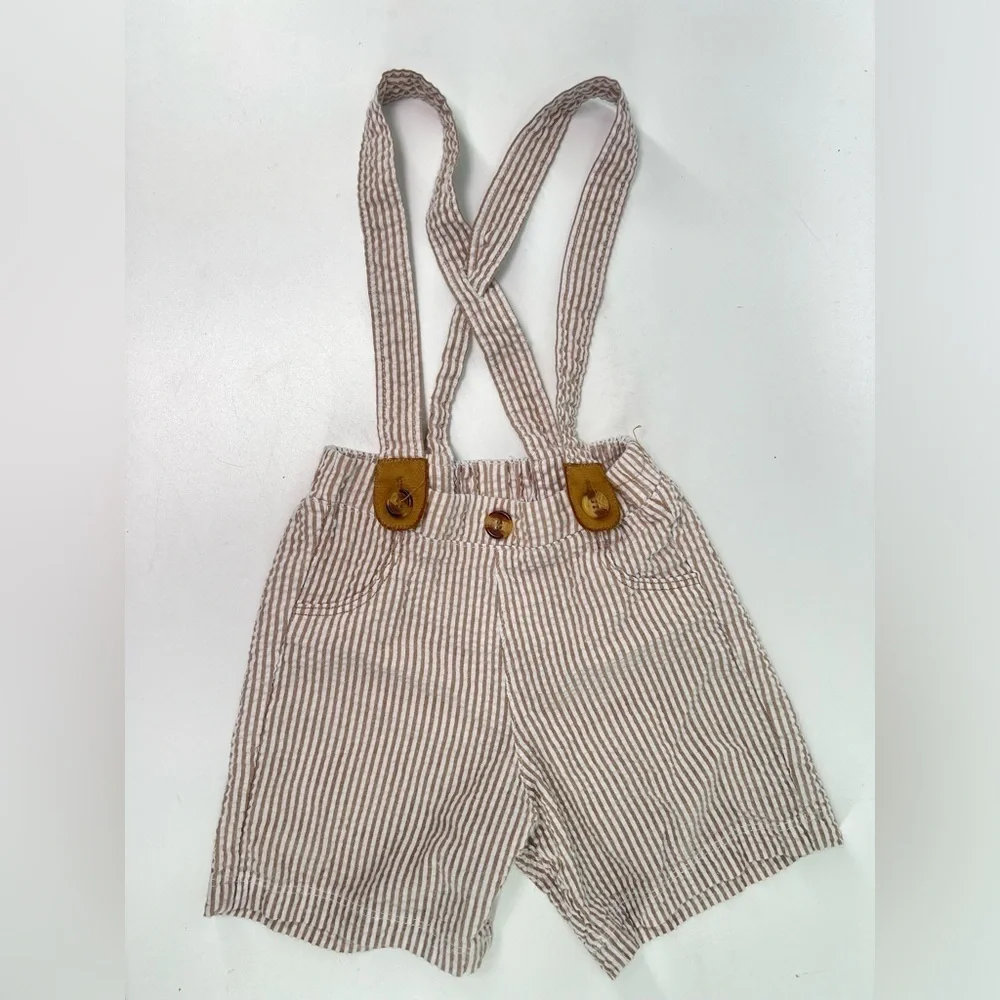 Mud Pie Tan White Striped Seersucker Suspender Shorts Size 12-18 Months